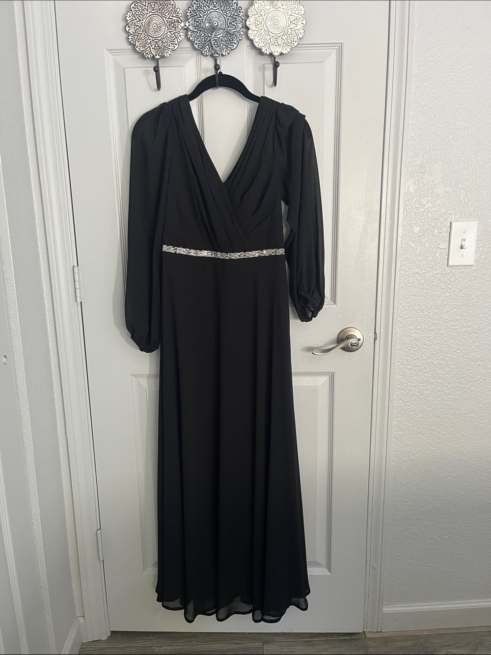 Ever Pretty Black Long Sleeve V-Neck Evening Gown with Waist Accent